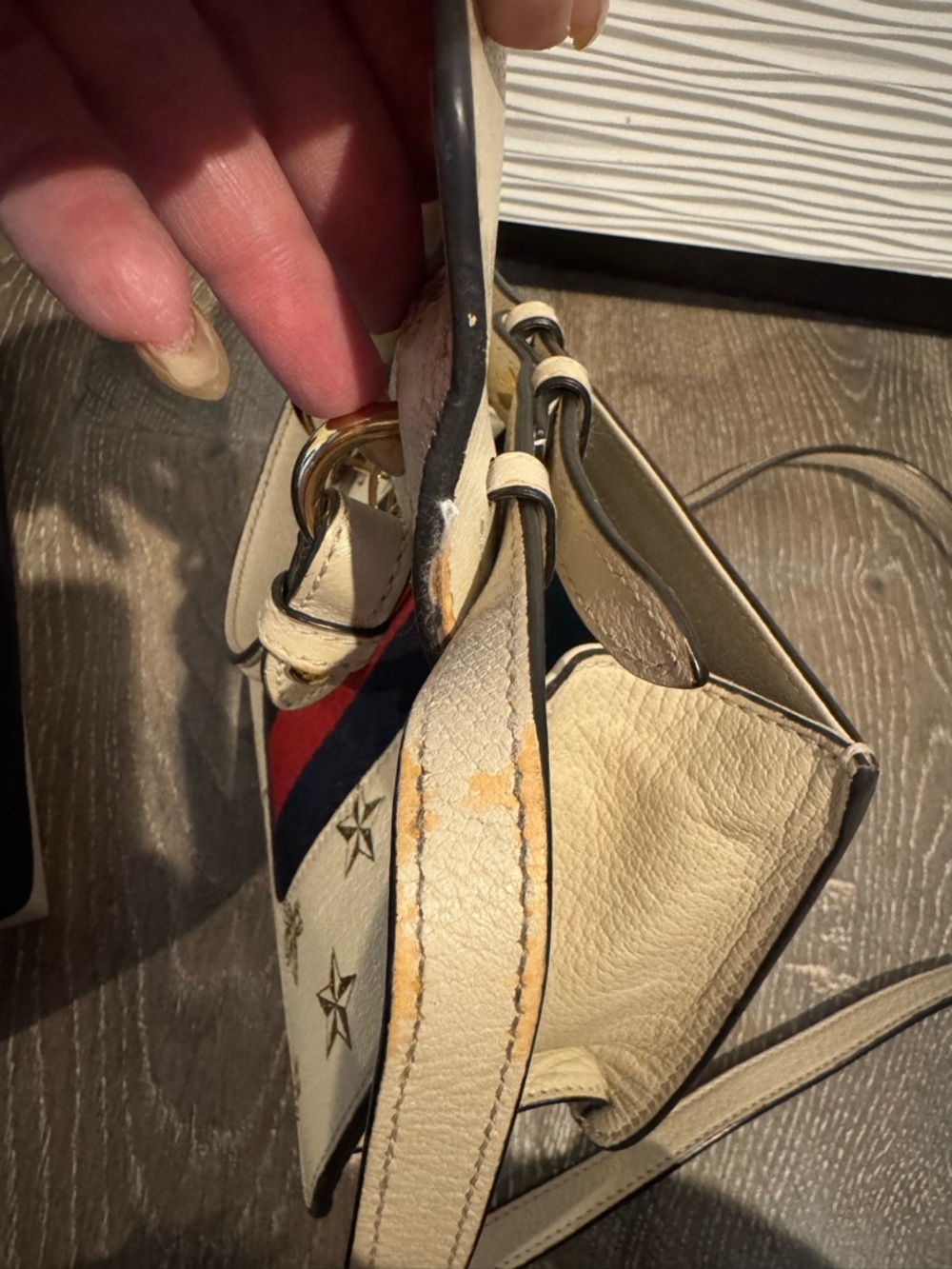 Gucci-SILVI- Cream Bee & Star Print Top Handle Satchel with Navy and Red Stripe - Picture 5 of 10